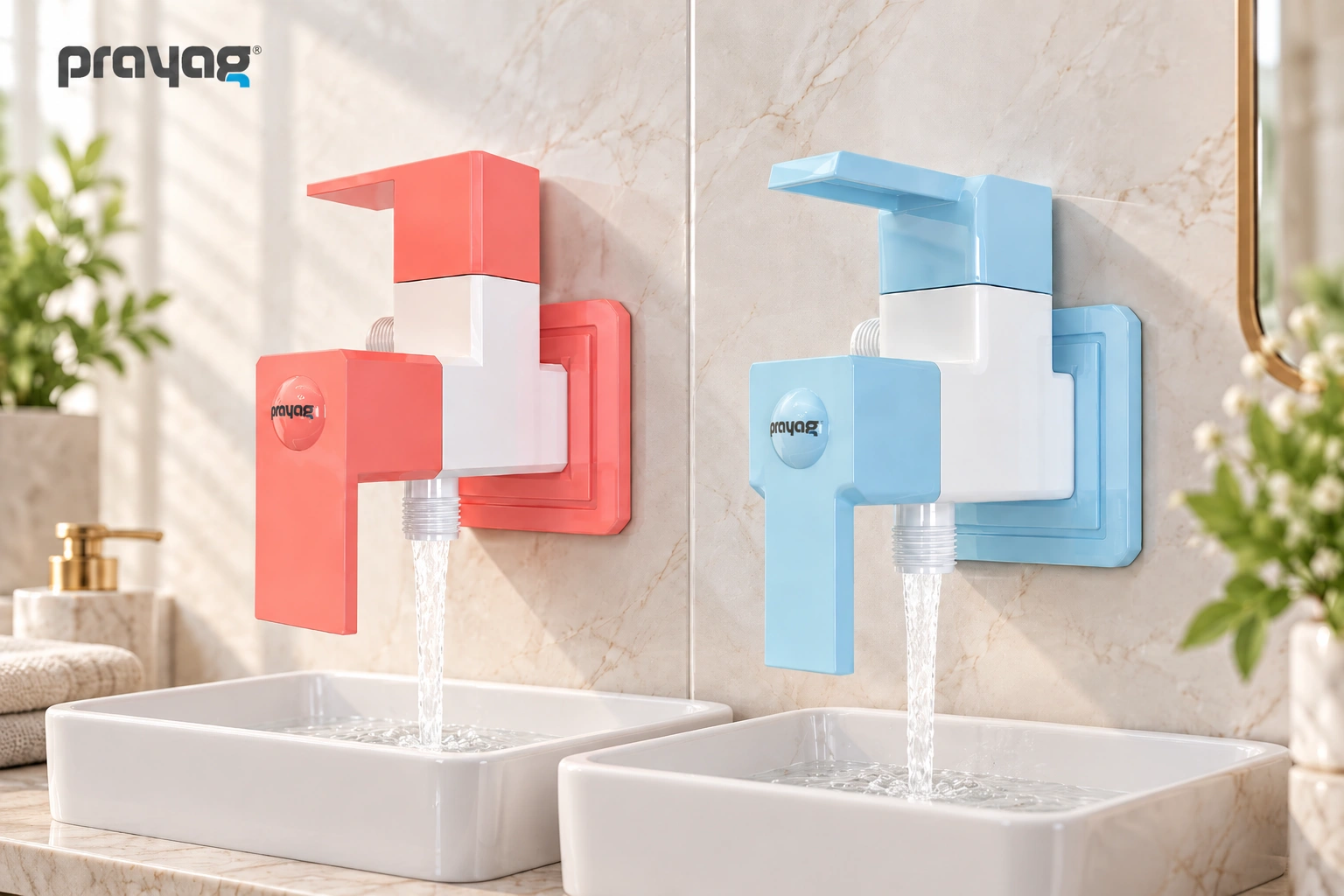 Prayag angle cock and bib cock installed above separate basins in a modern bathroom, showing their different designs and uses.