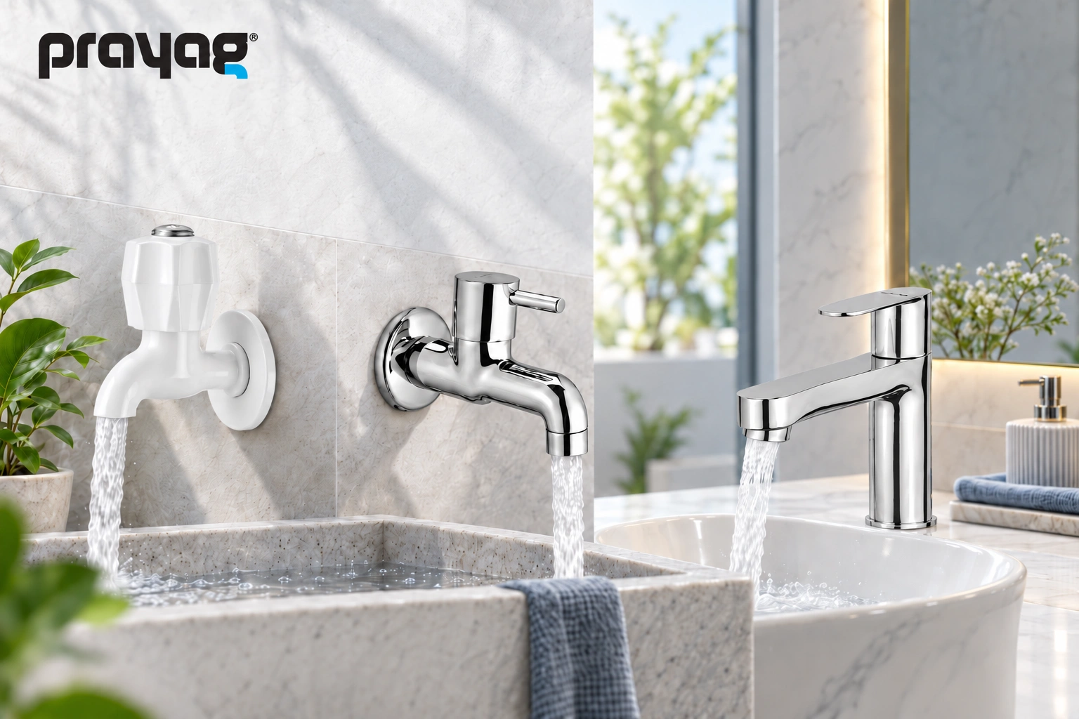 Prayag bib cock and faucet types installed over wash basins with running water in a modern bathroom setting.