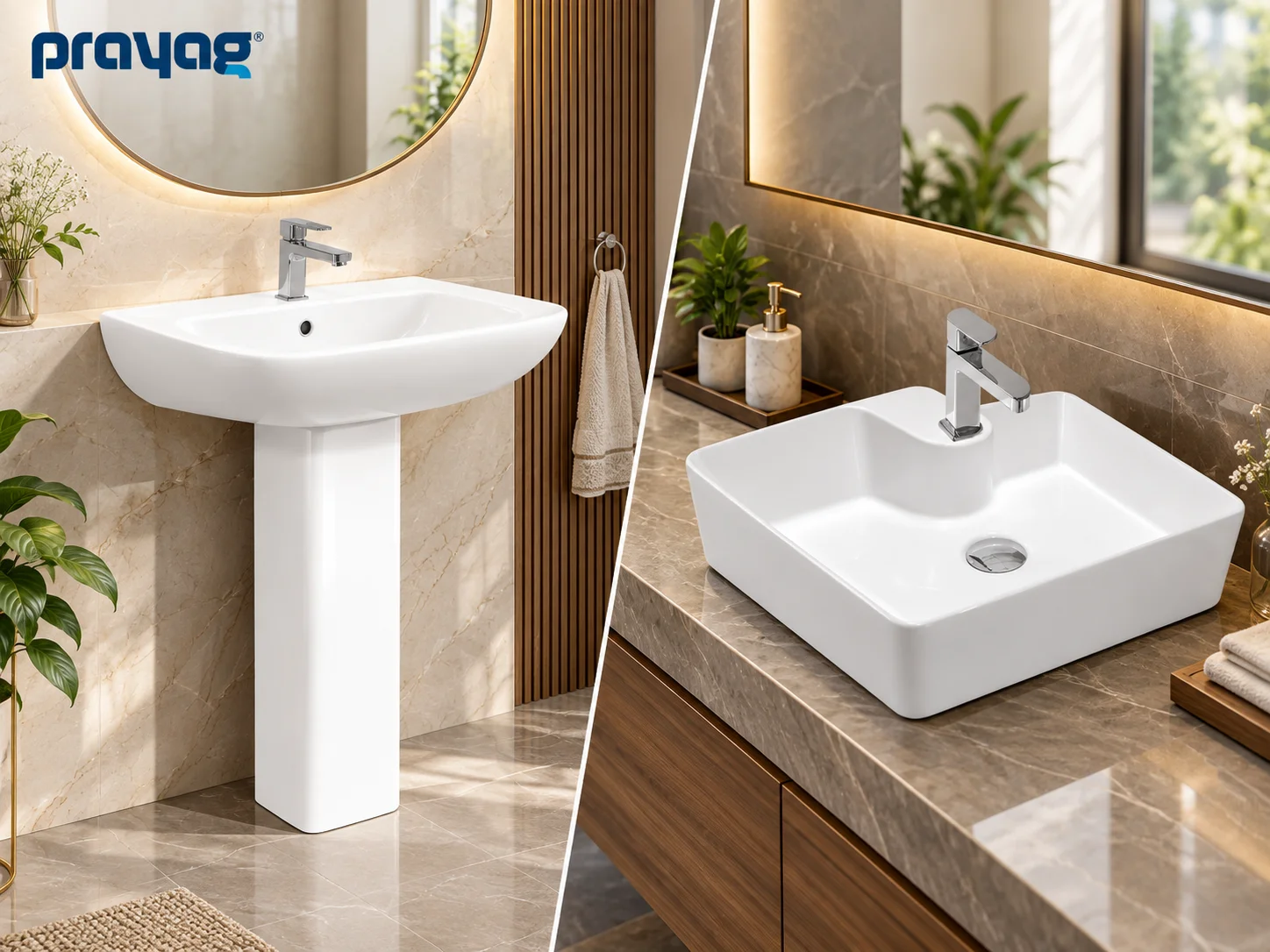 Prayag pedestal wash basin and countertop wash basin shown side by side in a modern bathroom, comparing two popular basin installation styles.