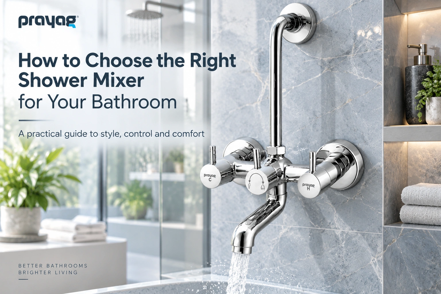 Prayag chrome shower mixer mounted on a modern marble bathroom wall, with flowing water and blog text about choosing the right shower mixer for your bathroom.