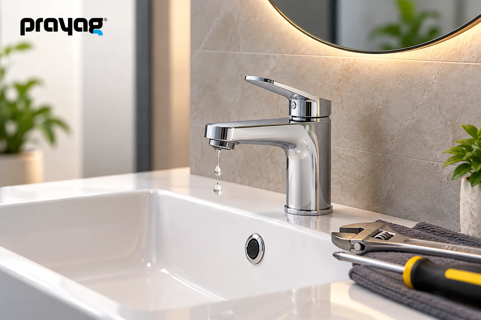 Prayag chrome basin faucet dripping into an empty white sink with repair tools beside it, illustrating a leaking tap or faucet problem.
