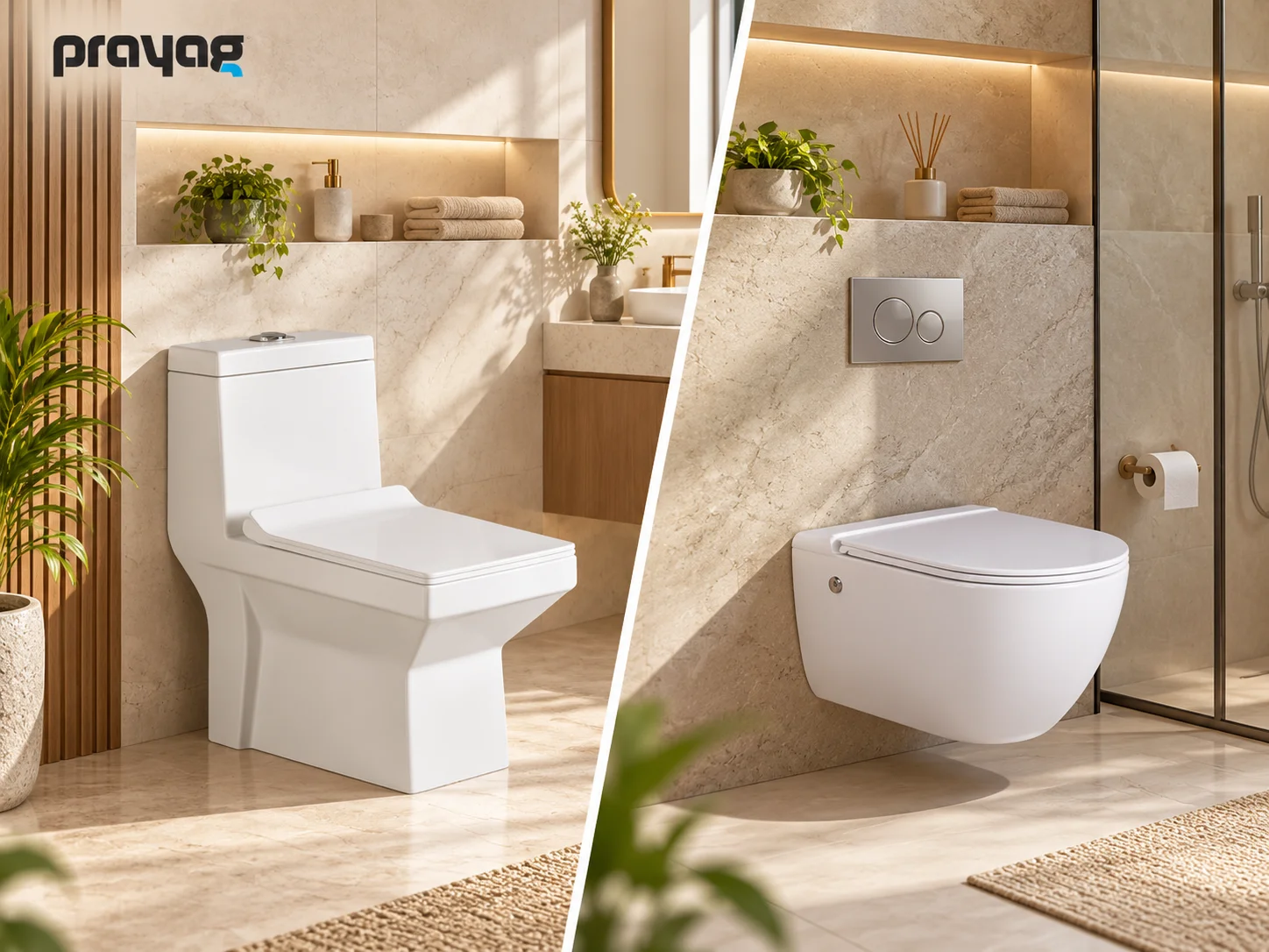 Prayag one-piece toilet and wall-hung toilet displayed side by side in a modern bathroom, comparing two toilet styles for contemporary Indian bathrooms.