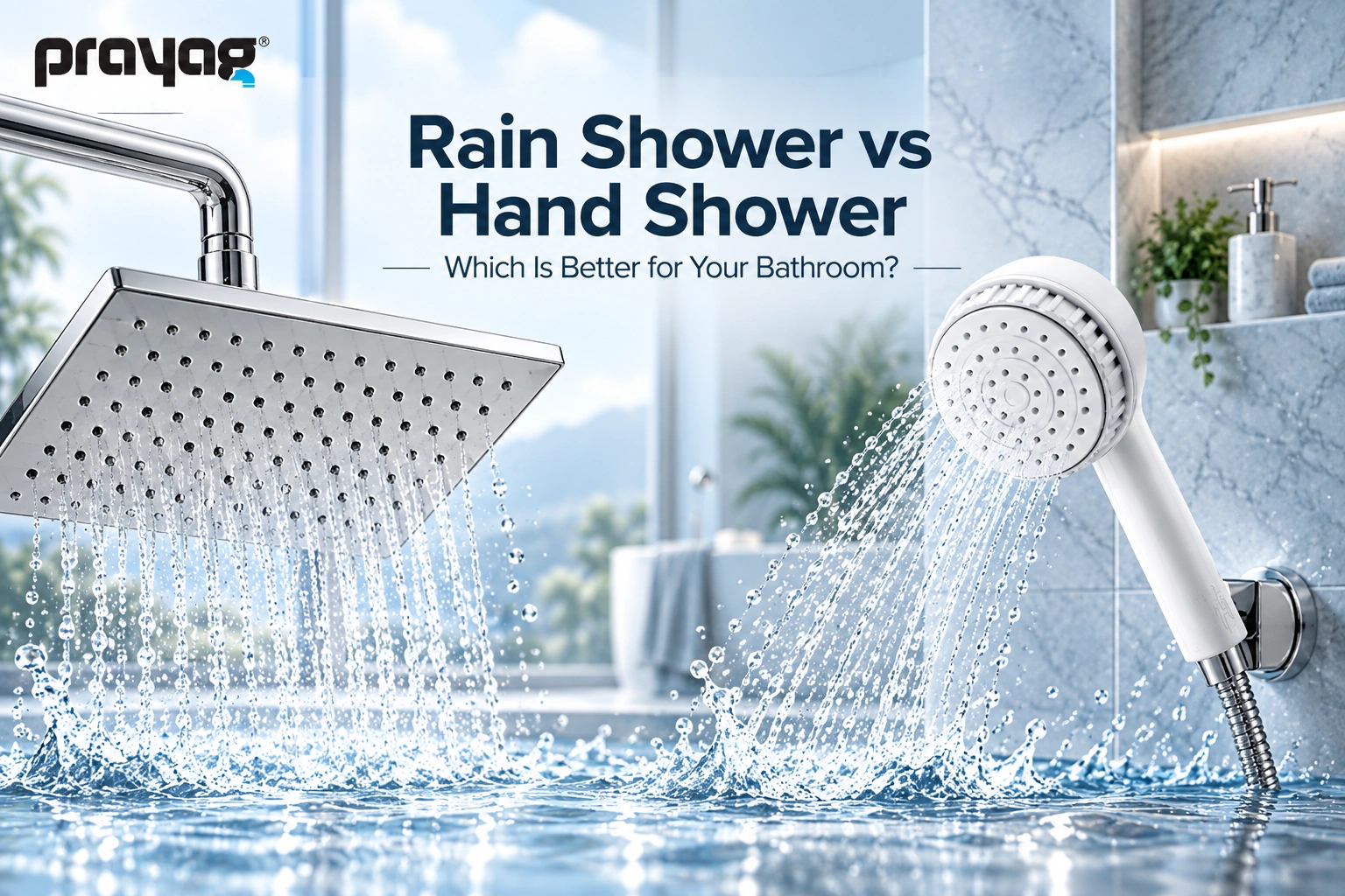 Prayag square rain shower and white hand shower spraying water in a modern bathroom, comparing rain shower vs hand shower options.