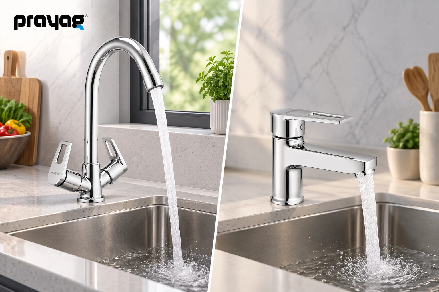 Prayag gooseneck and single-lever kitchen faucets installed over stainless steel sinks with running water in a modern kitchen.