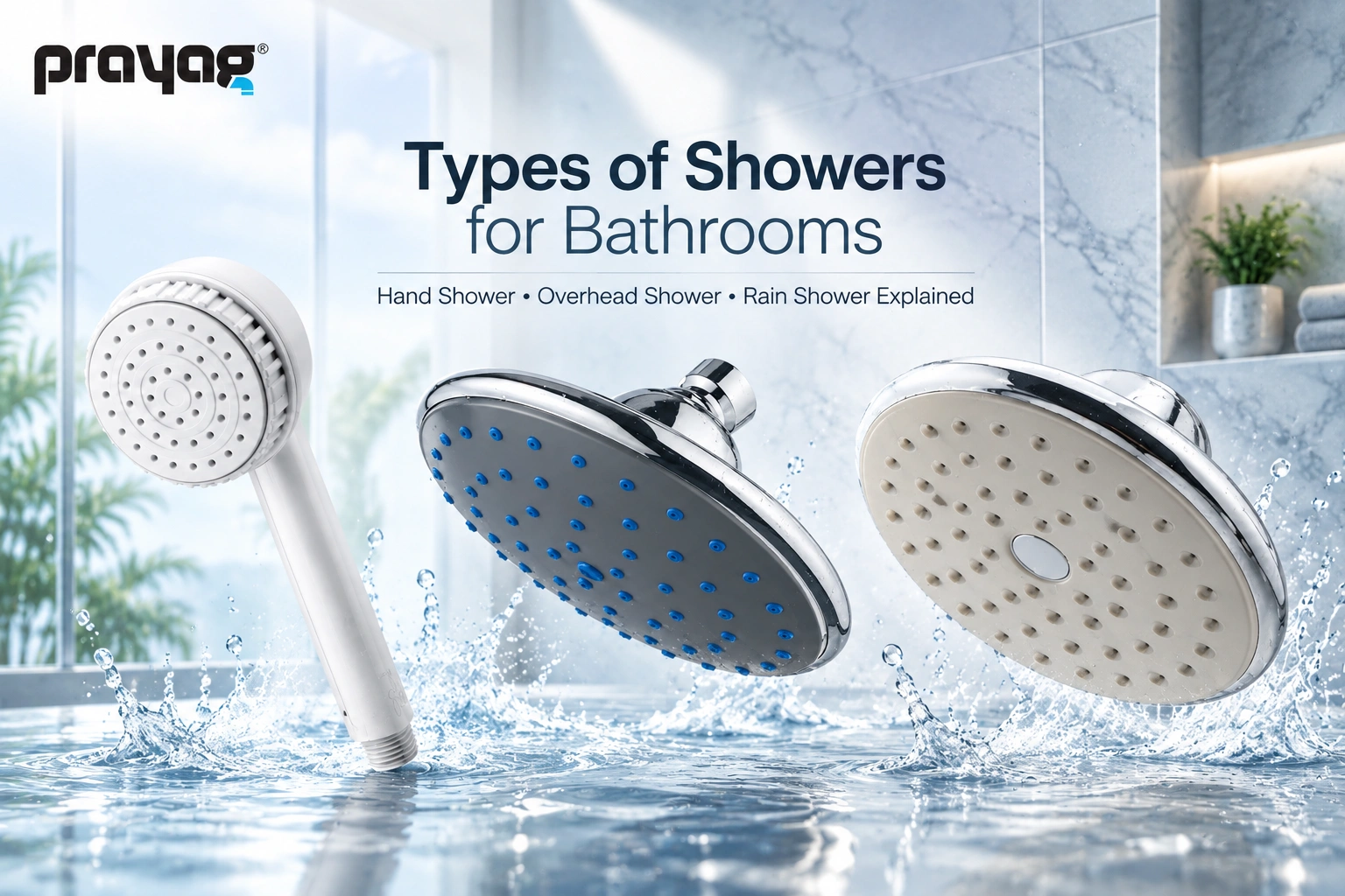 Prayag hand shower, overhead shower and rain shower displayed in a modern bathroom with water splashes, illustrating different types of showers for bathrooms.
