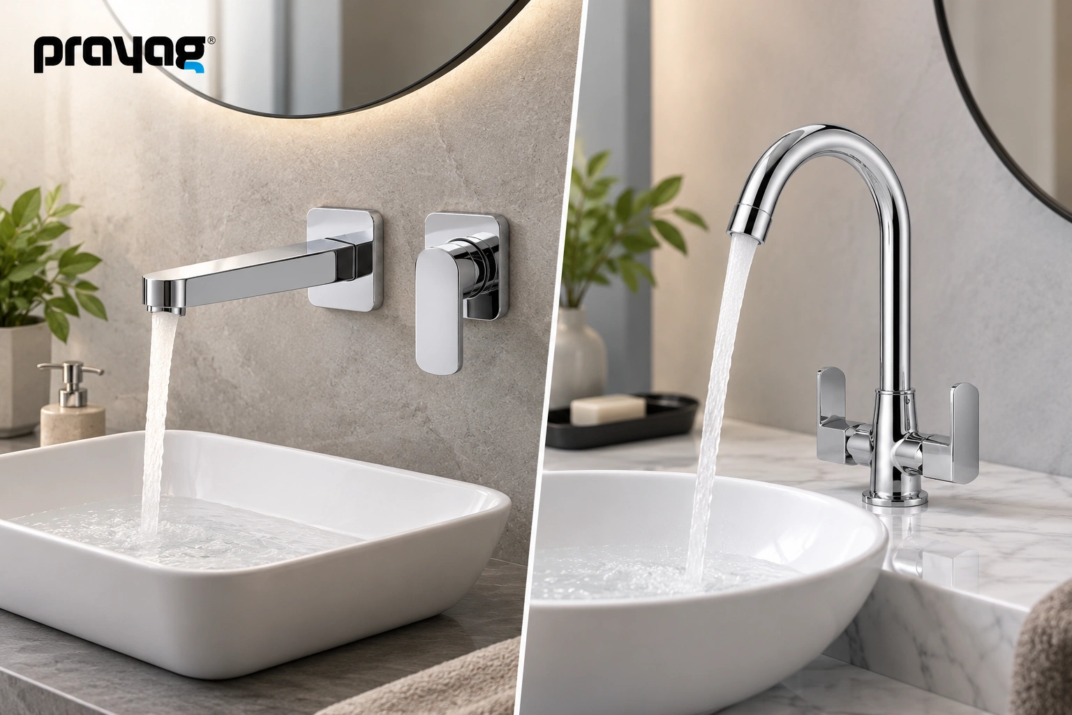 Prayag wall-mounted faucet and deck-mounted faucet shown with separate basins in a modern bathroom for comparison.