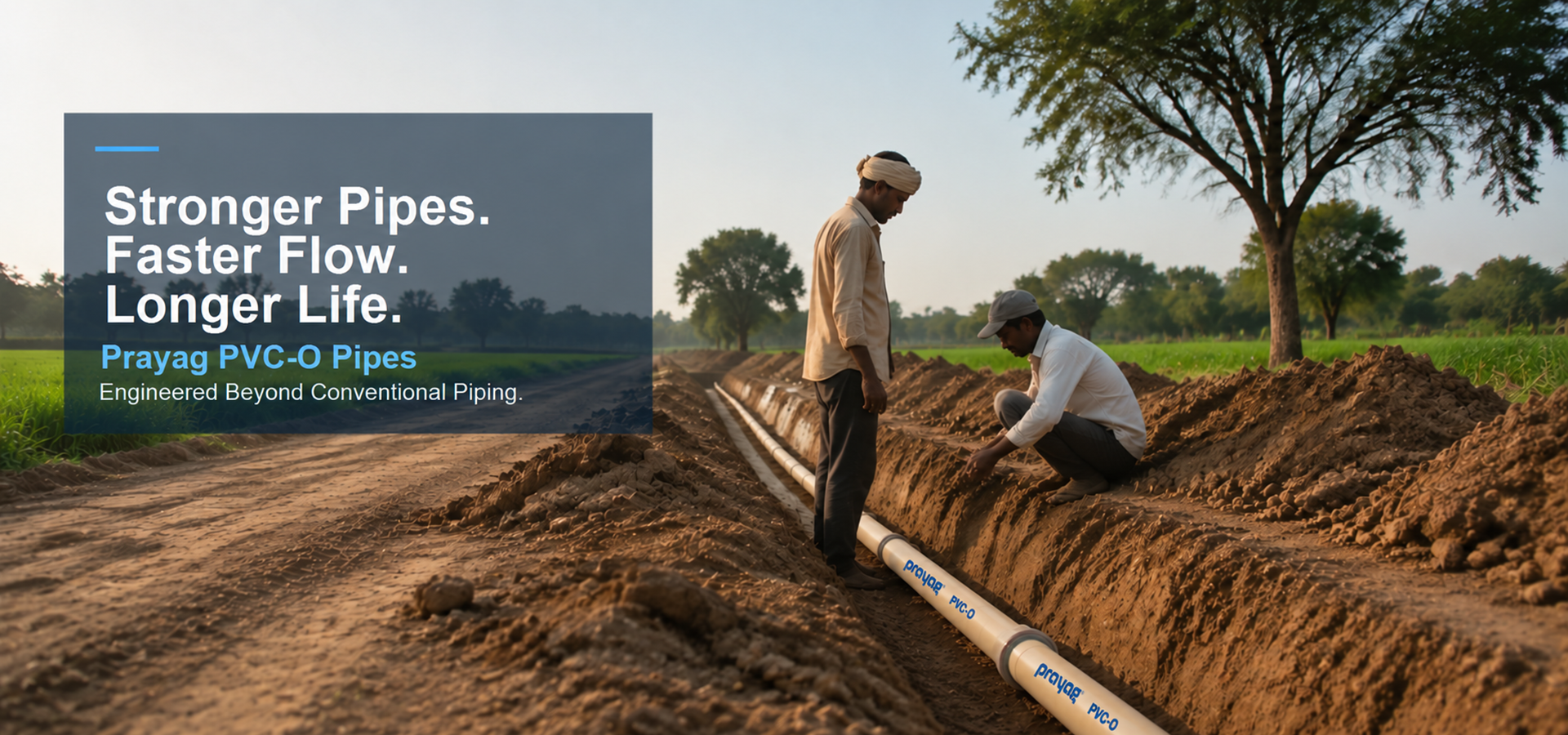 Prayag PVC-O Pipes — Stronger Pipes, Faster Flow, Longer Life. Engineered Beyond Conventional Piping.